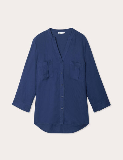 Chemise manches 3/4 contenant du lin bleu foncé femme