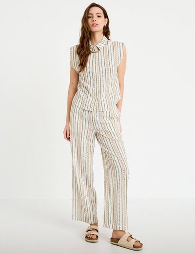 Pantalon large taille &eacute;lastiqu&eacute;e beige femme