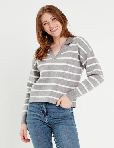 Pull manches longues col polo gris clair femme