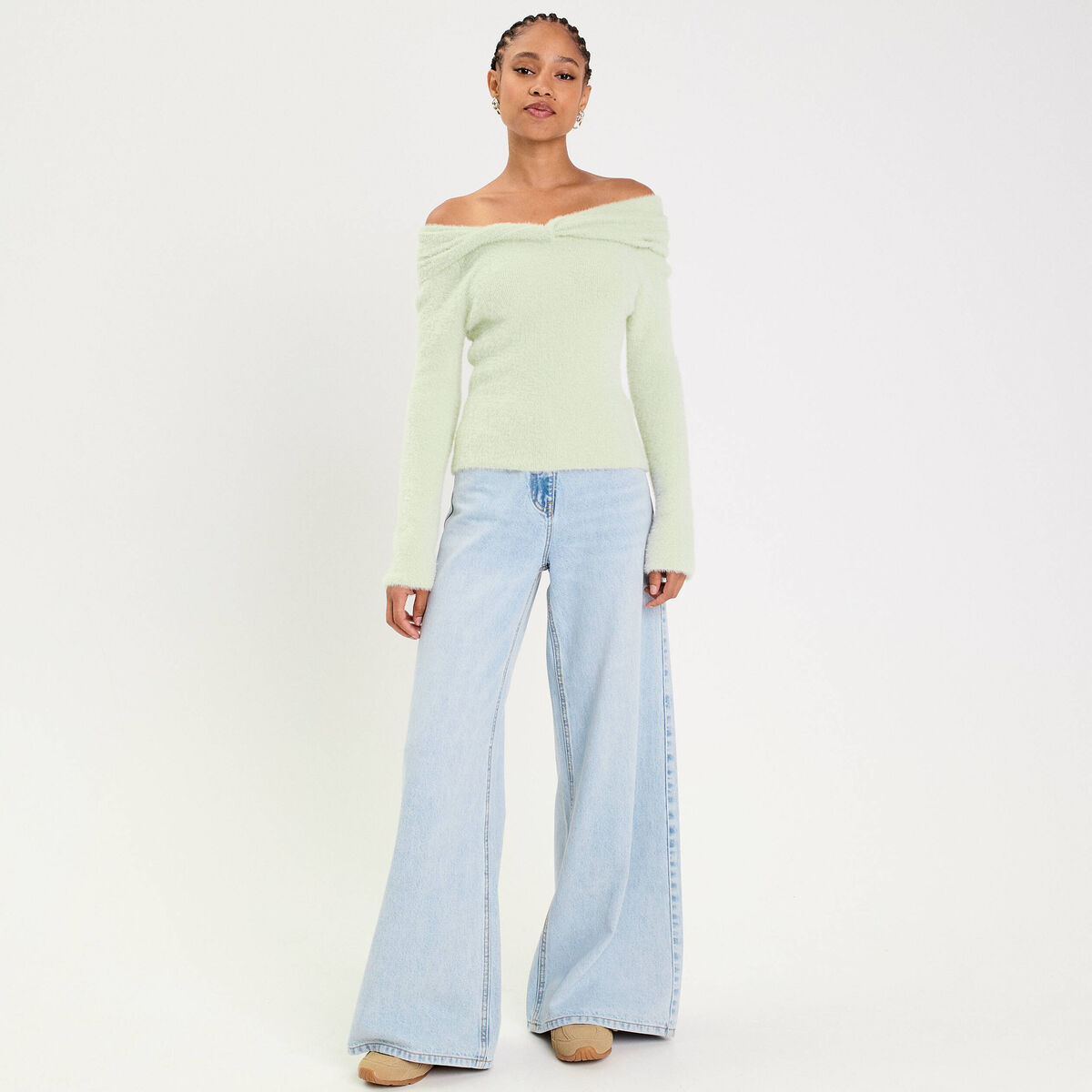 Pull ajust&eacute; col bardot manches longues vert pastel femme