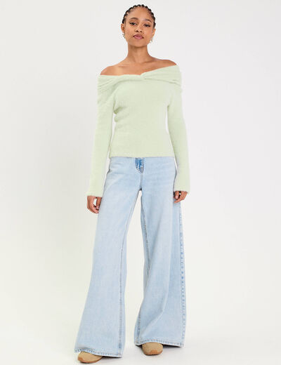 Pull ajust&eacute; col bardot manches longues vert pastel femme