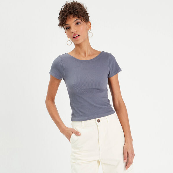 T-shirt manches courtes côtelé bleu gris femme