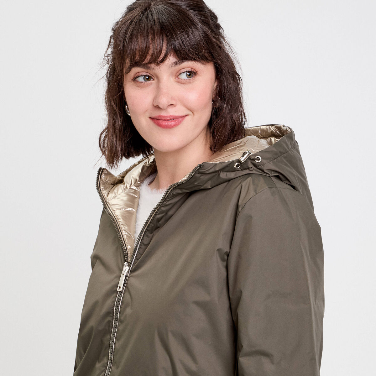 Parka &agrave; capuche r&eacute;versible vert kaki femme