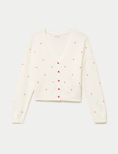 Gilet broderie coeur ecru femme