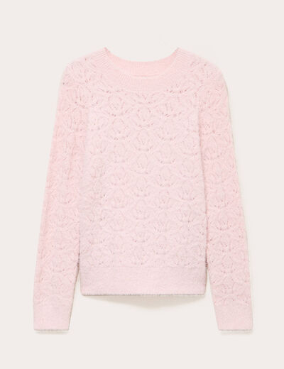 Pull ajour&eacute; col rond manches longues rose pastel femme