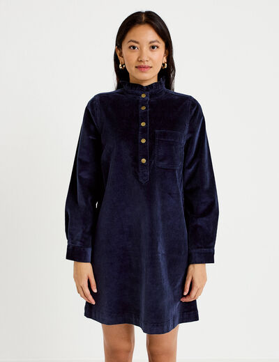 Robe &eacute;vas&eacute;e velours col montant bleu marine femme
