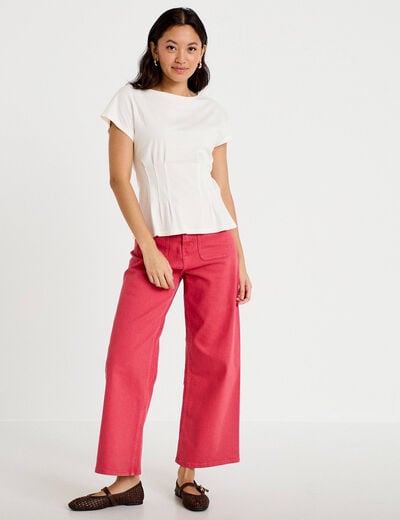 Jean wide leg cropped taille haute rose framboise femme