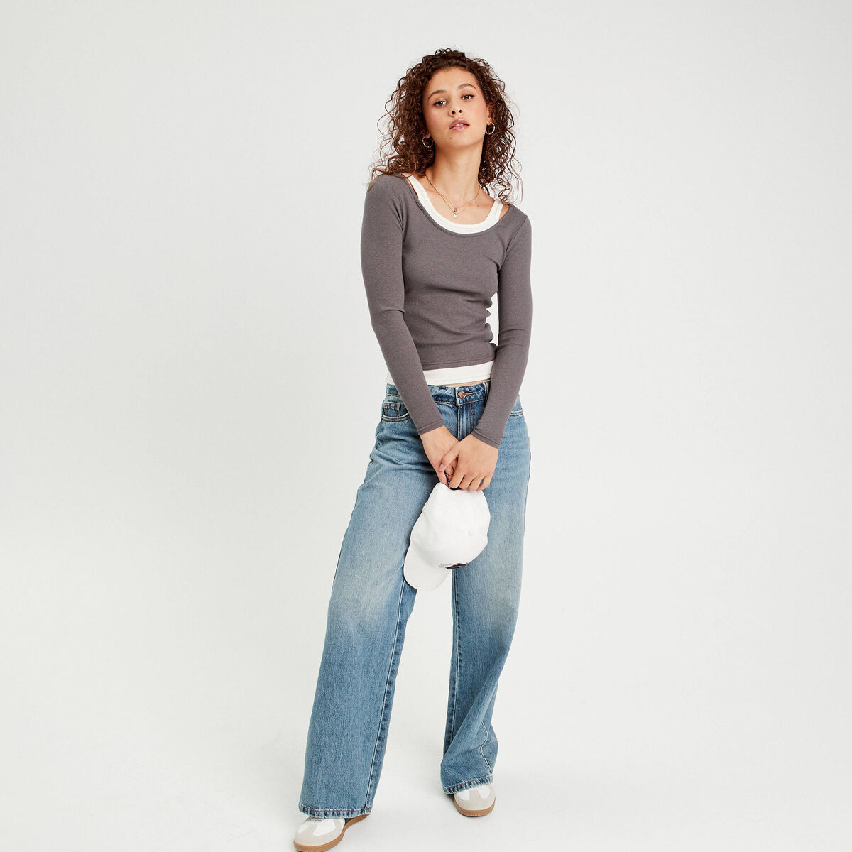 T-shirt manches longues 2-en-1 gris foncé femme