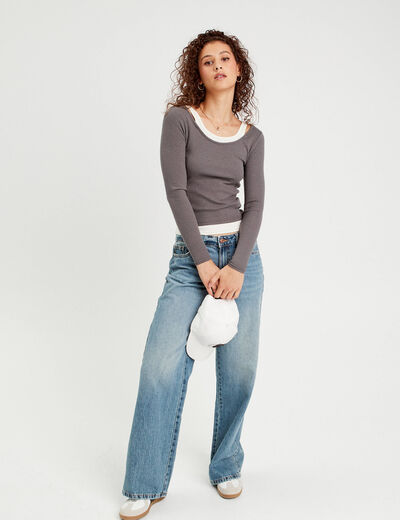 T-shirt manches longues 2-en-1 gris foncé femme