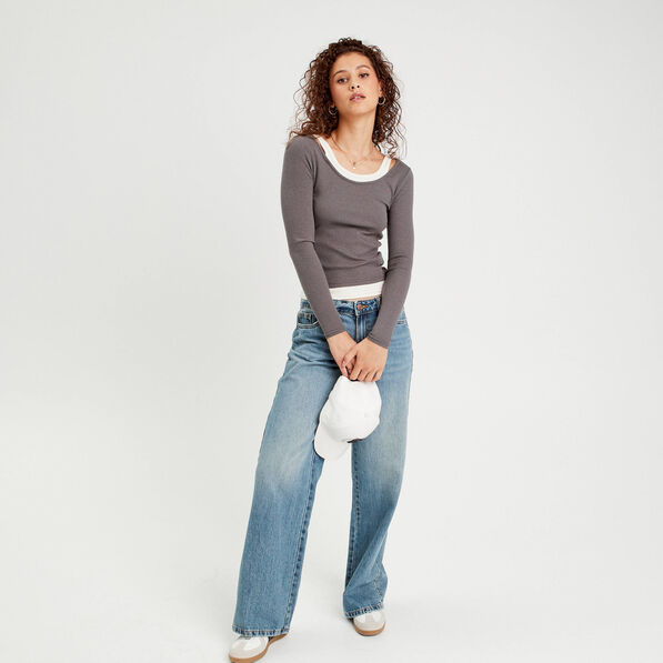 T-shirt manches longues 2-en-1 gris foncé femme