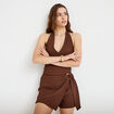 Jupe-short courte &eacute;vas&eacute;e en maille marron femme