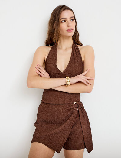 Jupe-short courte &eacute;vas&eacute;e en maille marron femme