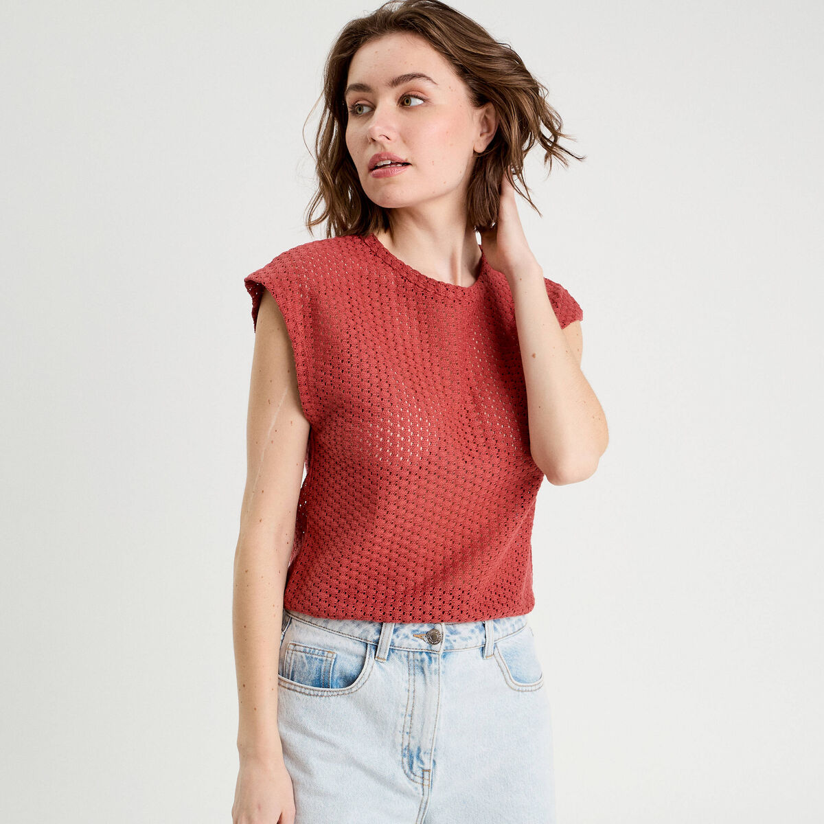 Débardeur ajouré vieux rose femme