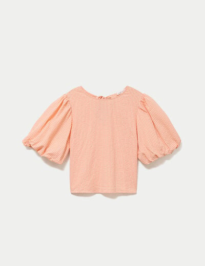 Blouse effet boule manches courtes orange femme