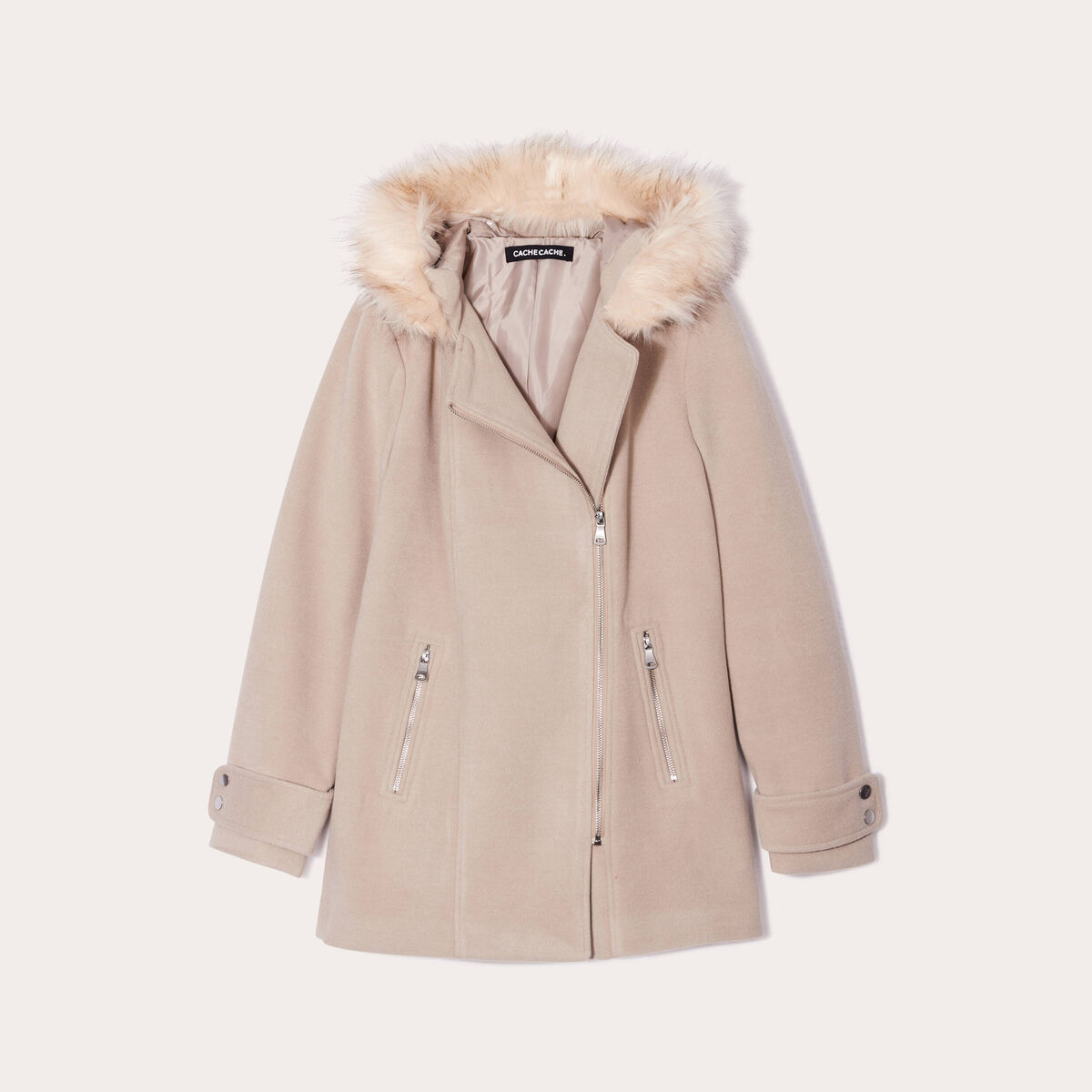 Manteau droit avec capuche beige femme
