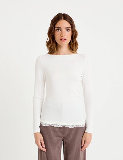 Doudou ajust&eacute; col bateau manches longues ecru femme