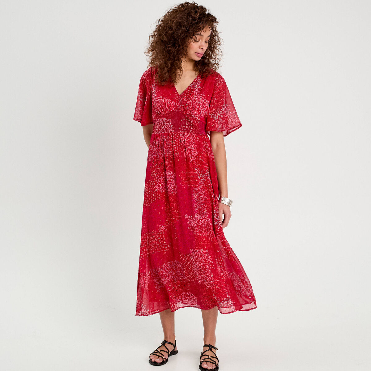 Robe longue évasée col en V rouge femme
