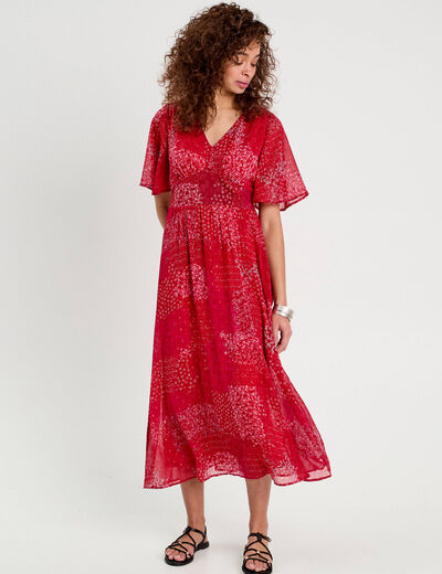 Robe longue évasée col en V rouge femme