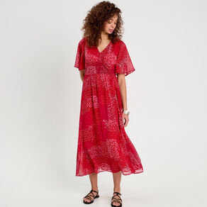 robe longue evasee col en v rouge femme Robe longue évasée col en V rouge femme