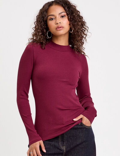 T-shirt manches longues côtelé bordeaux femme