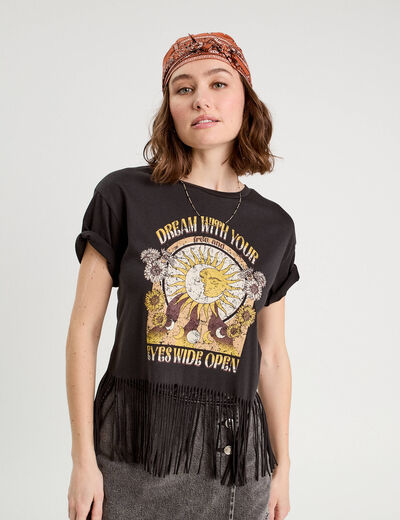 T-shirt avec franges noir femme