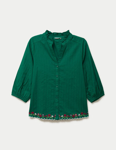 Blouse broderie col v manches 3/4 vert fonc&eacute; femme
