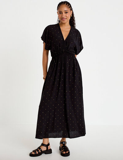 Robe &eacute;vas&eacute;e 3/4 col v manches courtes noir femme