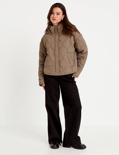 Veste droite &agrave; capuche manches longues taupe femme