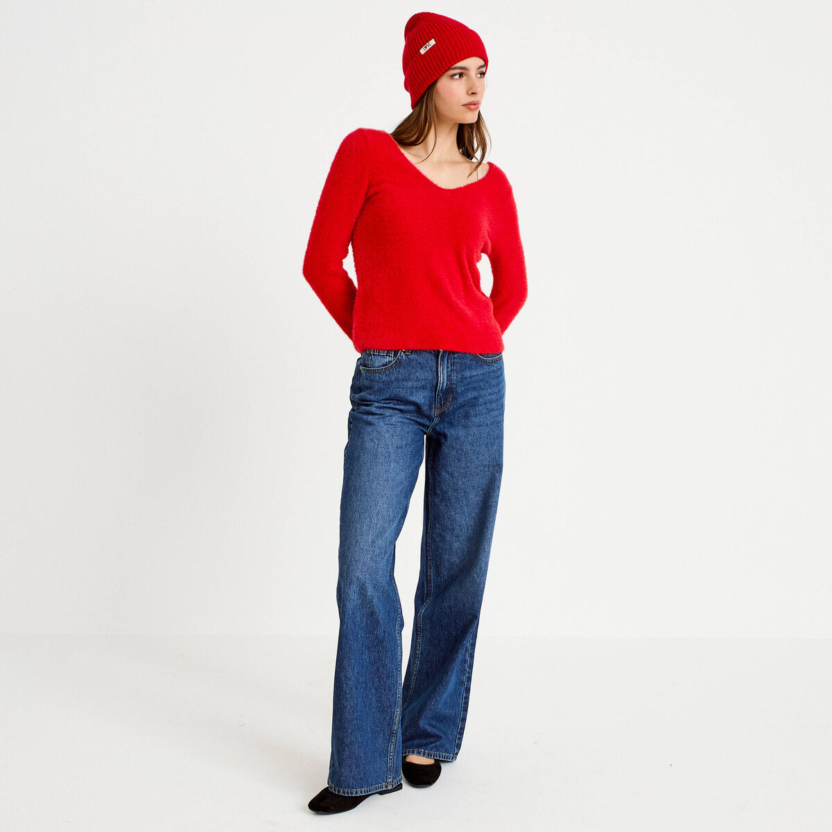 Pull col v manches longues rouge femme