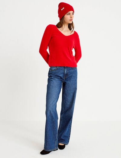 Pull col v manches longues rouge femme
