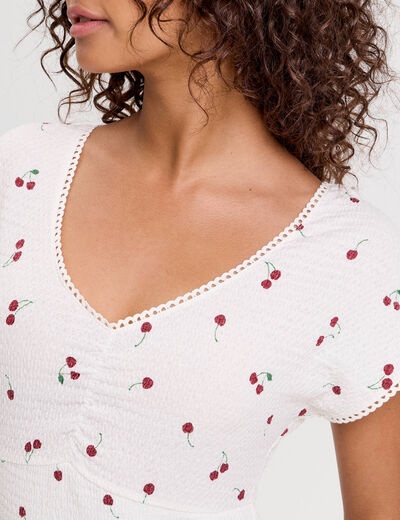 Robe courte évasée col v manches courtes blanc femme