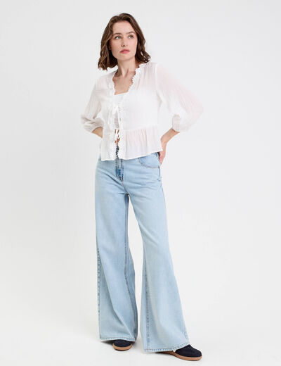 Blouse droite courte col v manches 3/4 blanc femme