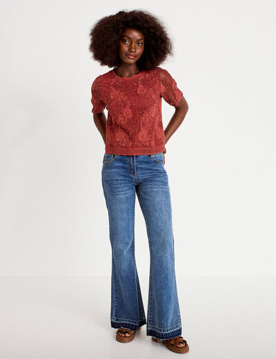 T-shirt manches courtes aspect dentelle vieux rose femme