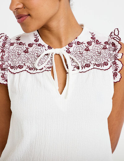 Blouse d&eacute;collet&eacute; sans manches brod&eacute;e rouge femme