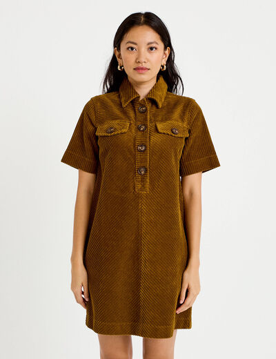 Robe courte droite en velours coton vert olive femme