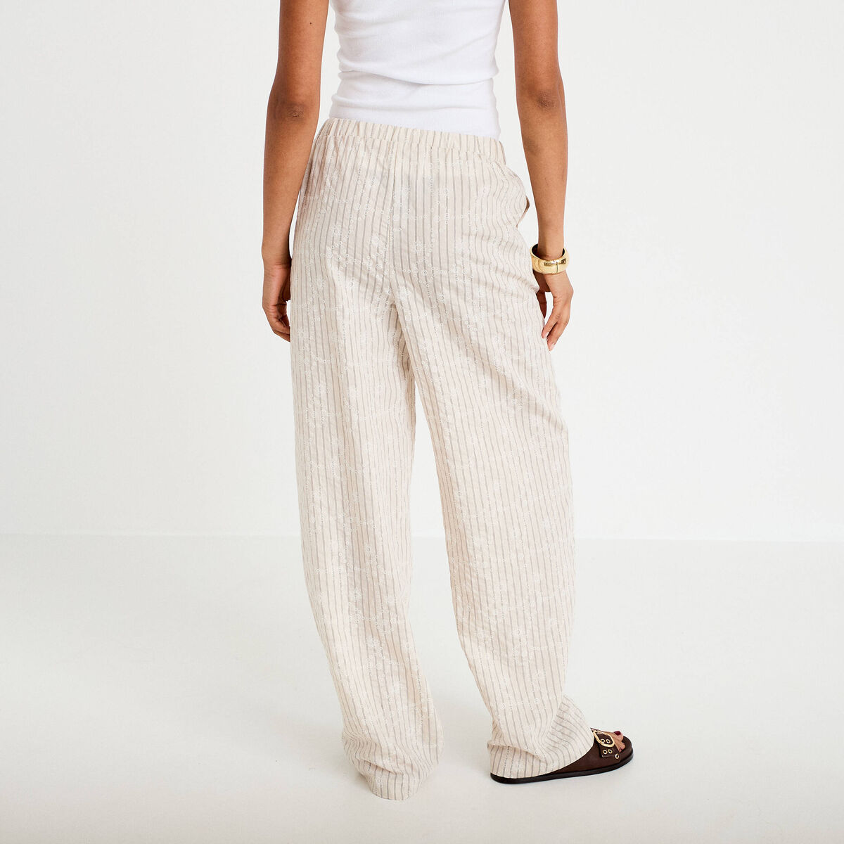 Pantalon large taille haute creme femme