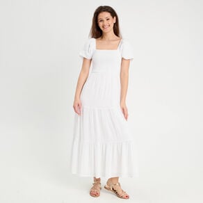robe longue evasee smockee blanc femme Robe longue évasée smockée blanc femme
