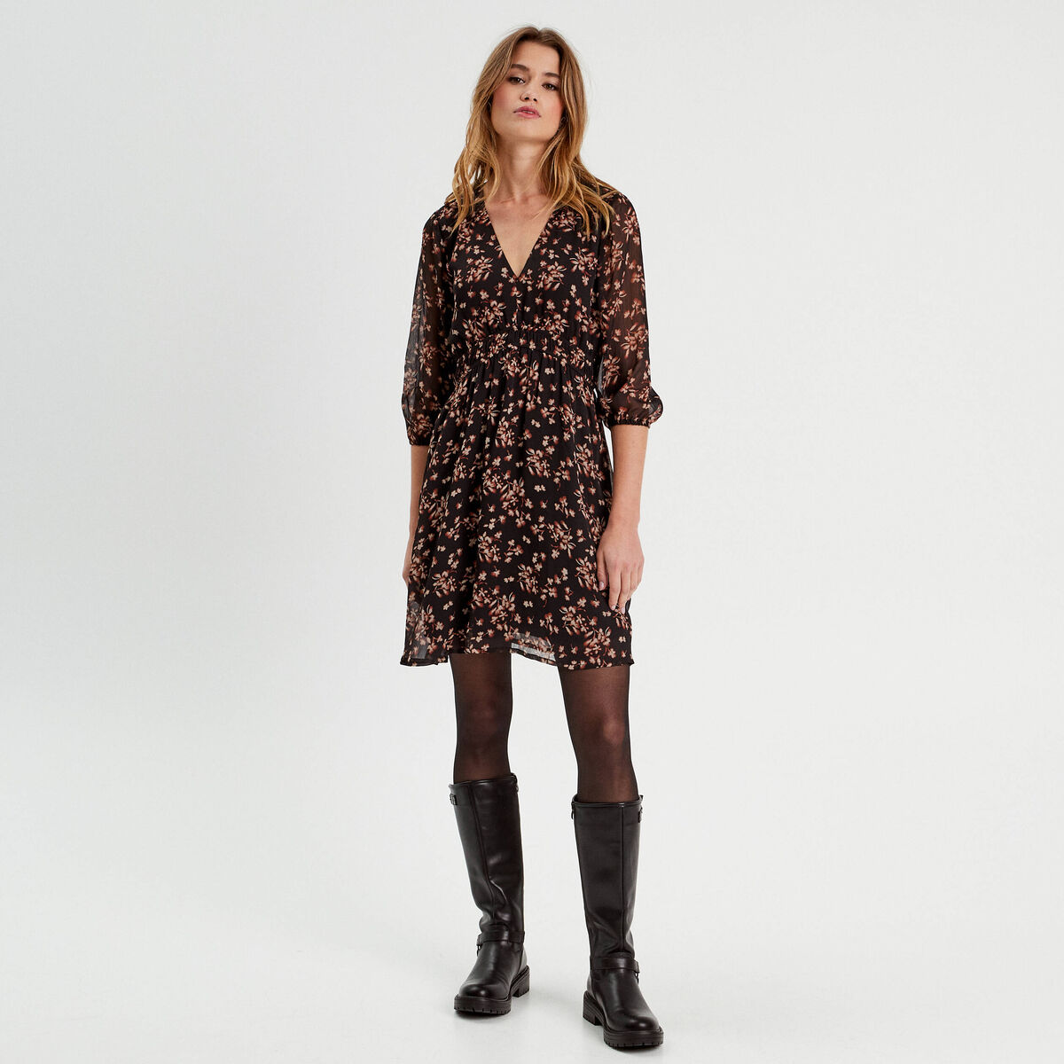 Robe évasée manches 3/4 noir femme