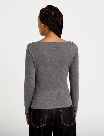 T-shirt col b&eacute;nitier manches longues gris fonc&eacute; femme