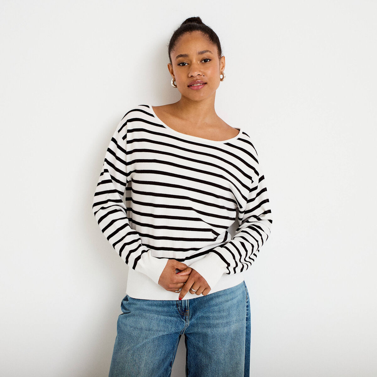 Pull ample manches longues fin blanc femme