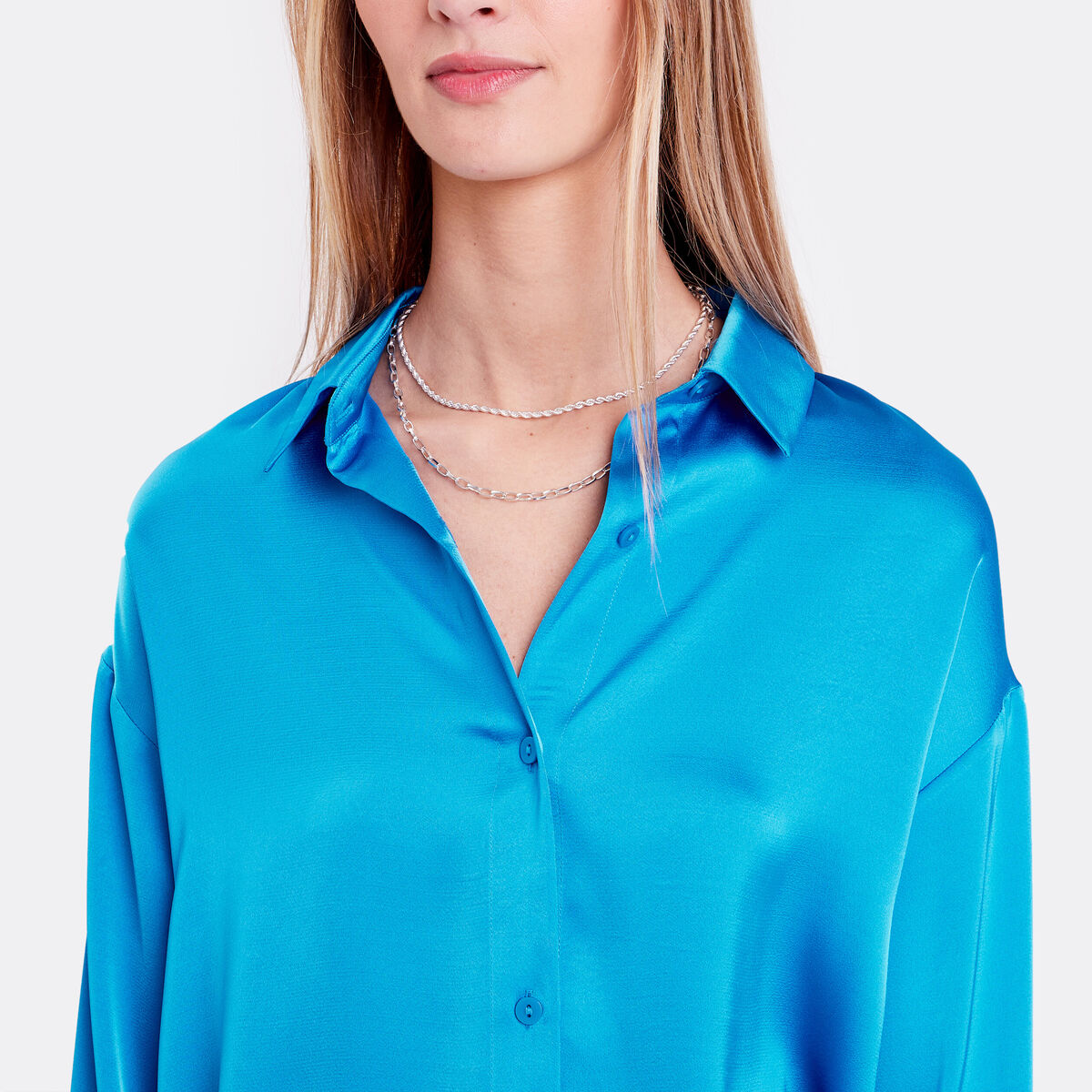 Chemise manches longues satin bleu femme