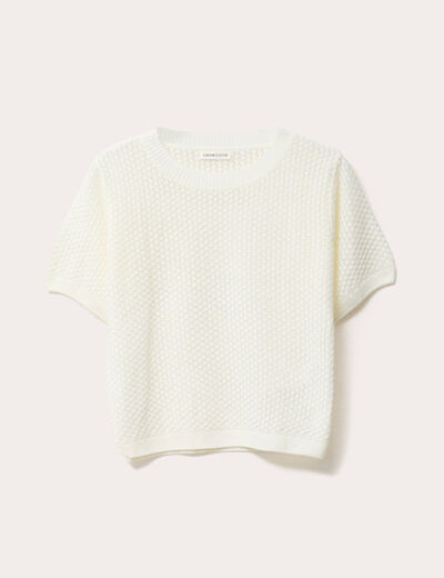 Pull manches courtes ajouré blanc femme