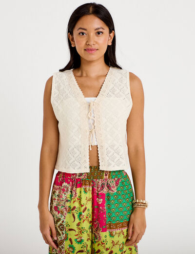 Gilet sans manches col v macram&eacute; ecru femme