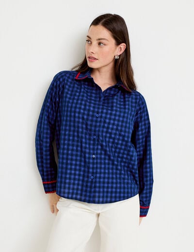 Chemise droite vichy col claudine bleu electrique femme