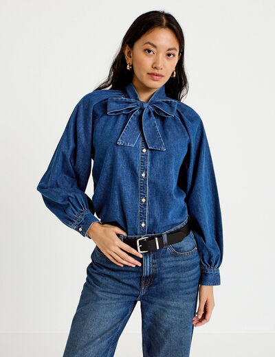 Chemise ample en jean col montant denim stone femme