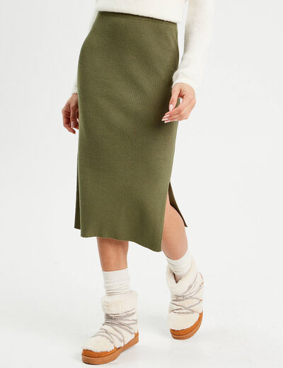 Jupe tricot midi droite vert kaki femme