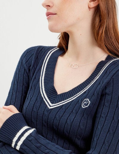 Pull manches longues torsades bleu marine femme