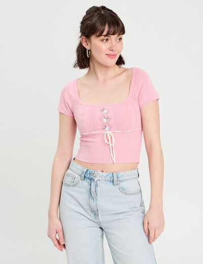 Pull cropped brodé rose poudrée femme
