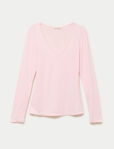 T-shirt thermique col en V plumetis rose clair femme