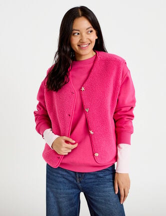 Gilet sans manches effet polaire col v rose fushia femme
